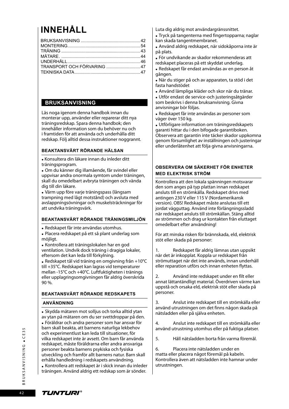 Innehåll | Tunturi CE35 User Manual | Page 42 / 66