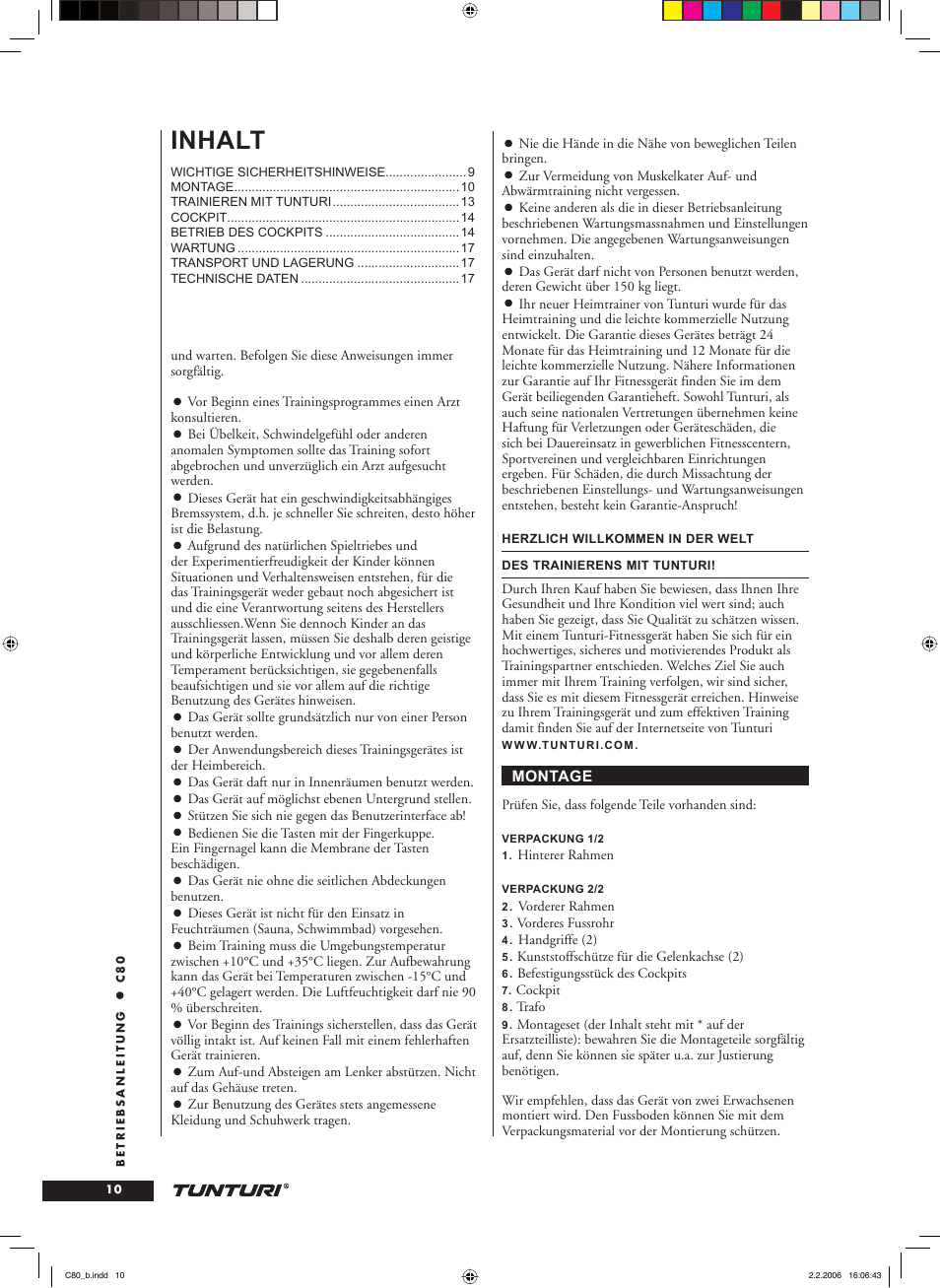 Inhalt | Tunturi C80 User Manual | Page 10 / 70