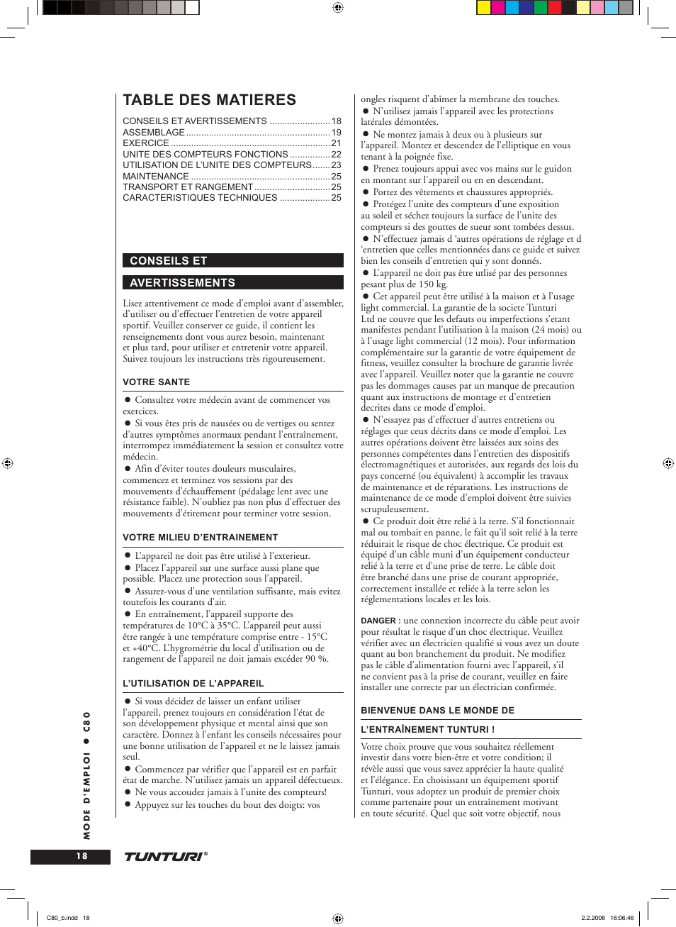 Table des matieres | Tunturi C80 User Manual | Page 18 / 70