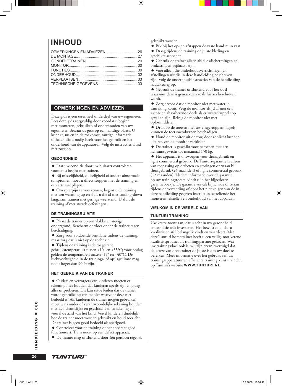 Inhoud | Tunturi C80 User Manual | Page 26 / 70