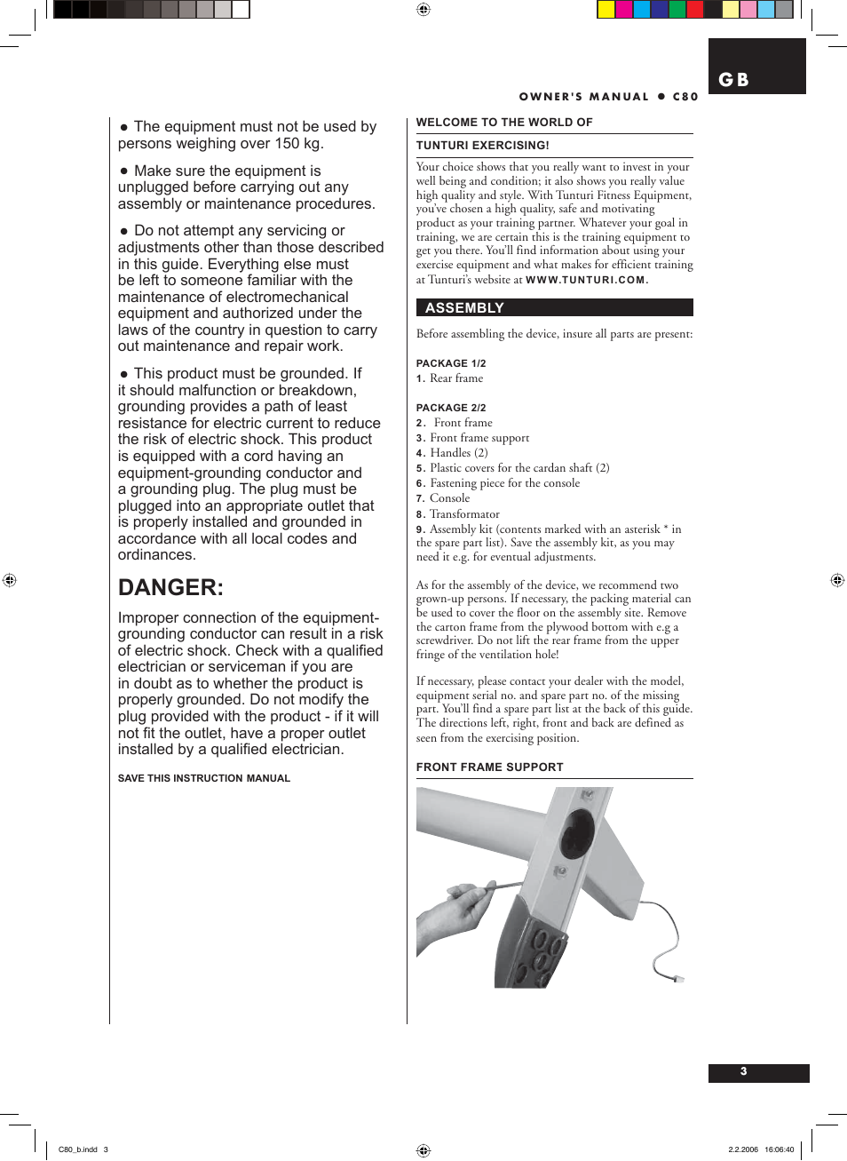 Danger | Tunturi C80 User Manual | Page 3 / 70