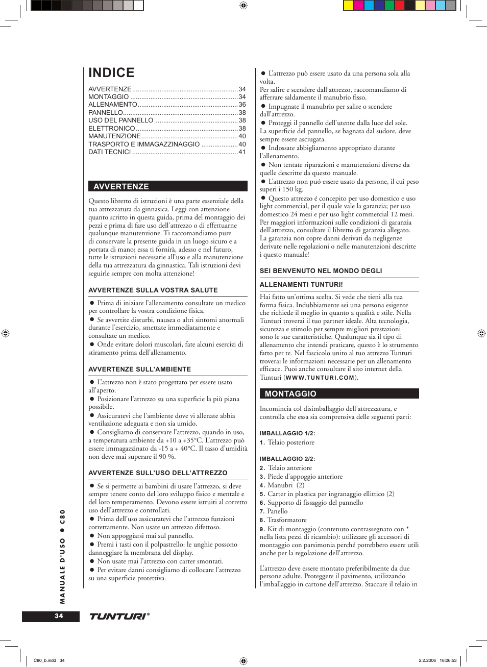 Indice | Tunturi C80 User Manual | Page 34 / 70