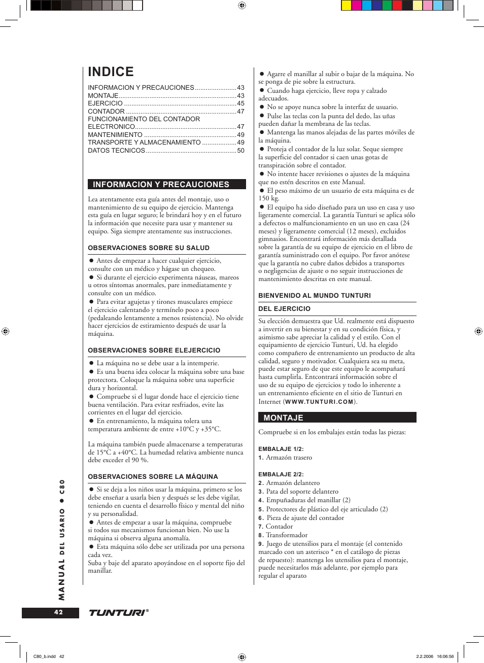 Indice | Tunturi C80 User Manual | Page 42 / 70