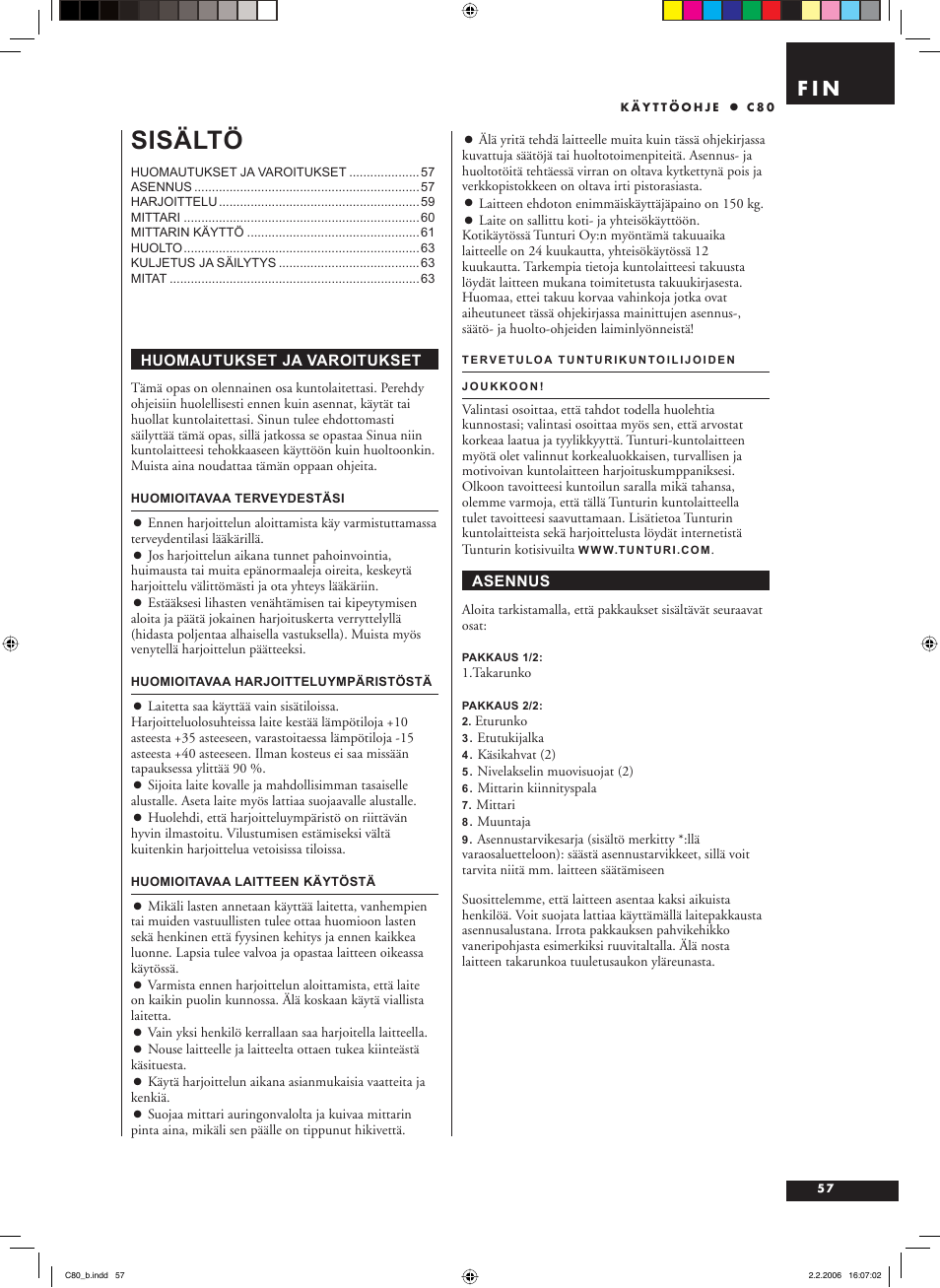 Sisältö, F i n | Tunturi C80 User Manual | Page 57 / 70