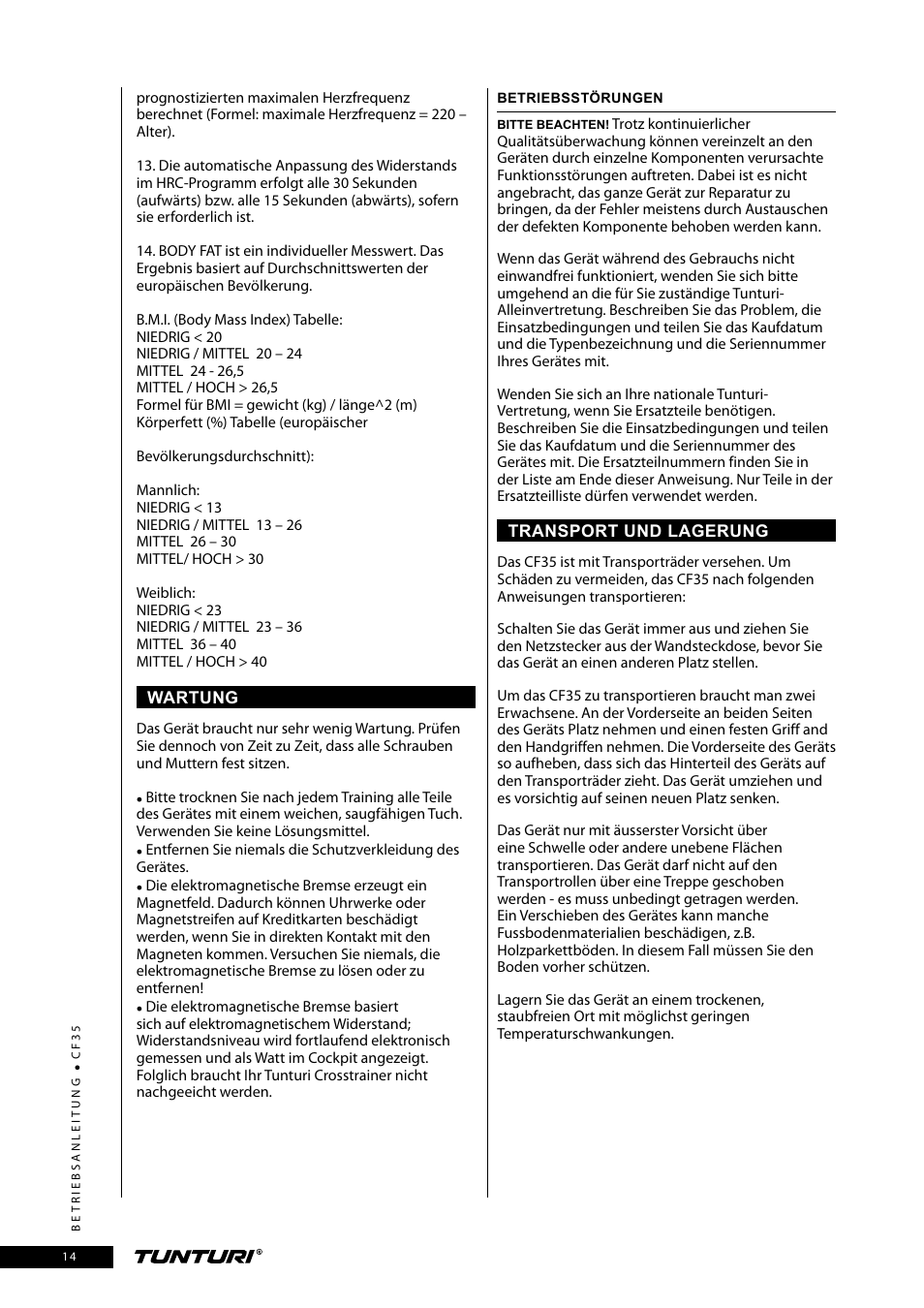 Tunturi CF35 User Manual | Page 14 / 60