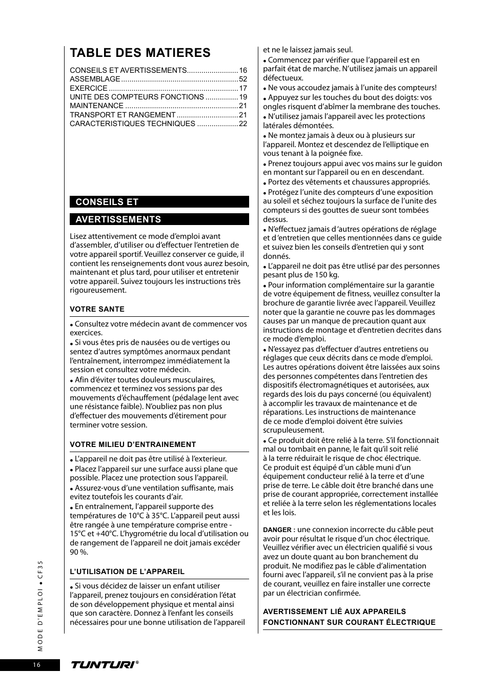 Table des matieres | Tunturi CF35 User Manual | Page 16 / 60