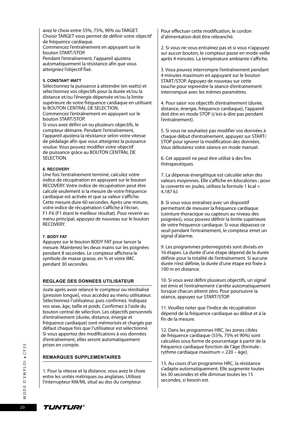 Tunturi CF35 User Manual | Page 20 / 60