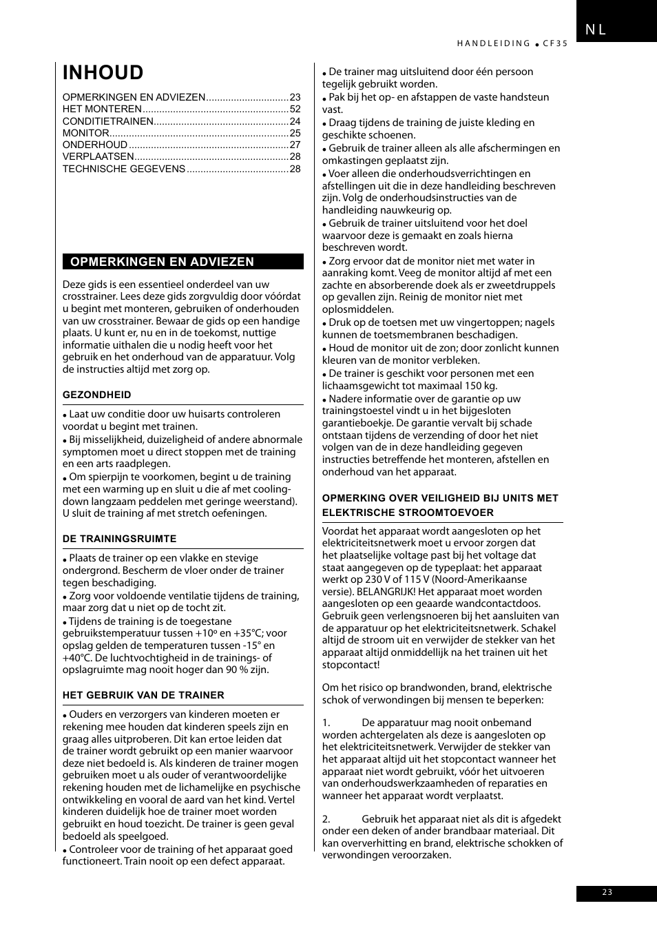 Inhoud | Tunturi CF35 User Manual | Page 23 / 60