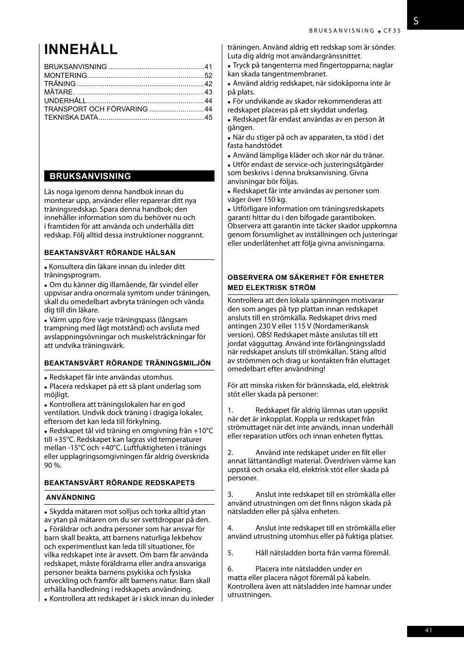 Innehåll | Tunturi CF35 User Manual | Page 41 / 60