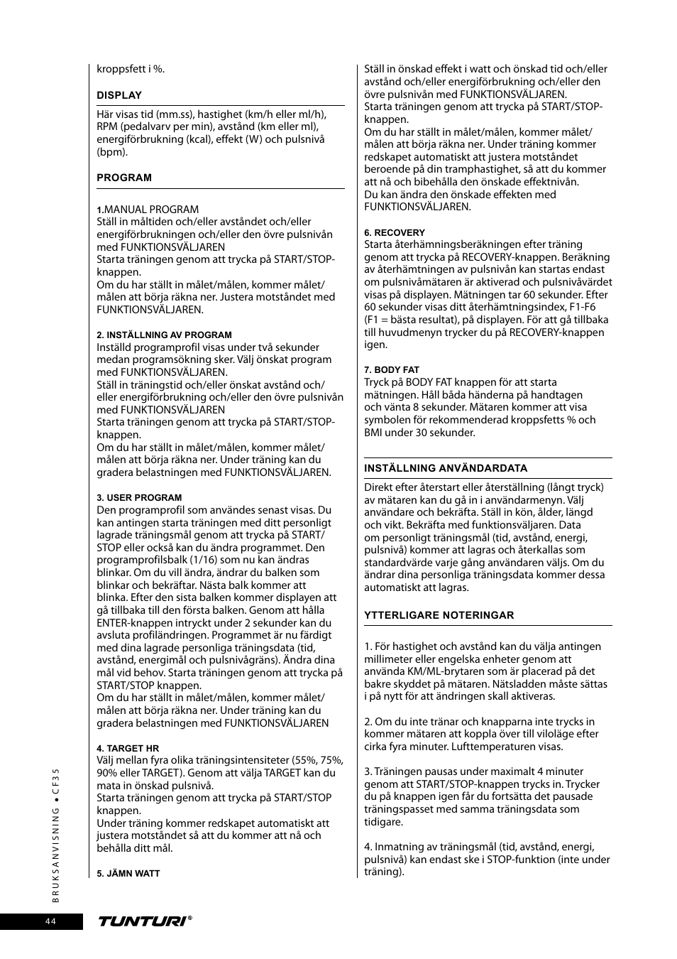 Tunturi CF35 User Manual | Page 44 / 60