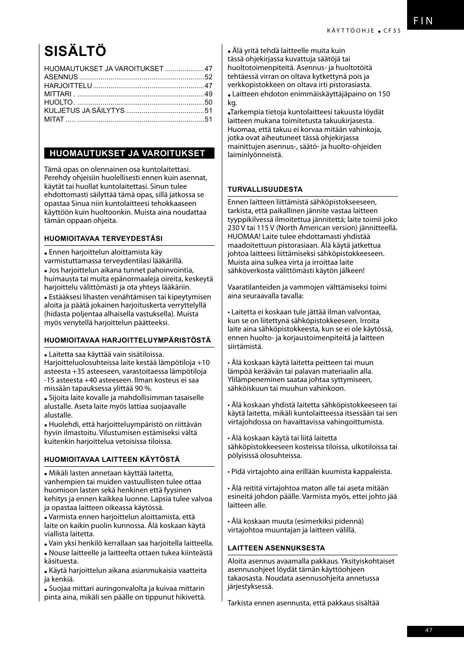 Sisältö, F i n | Tunturi CF35 User Manual | Page 47 / 60