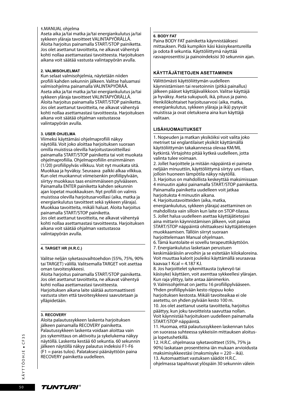Tunturi CF35 User Manual | Page 50 / 60