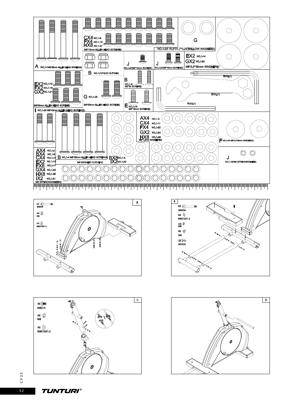 Acx4 fx4 h x8 ax4, Fx2 gx2, Ax4 cx4 fx4 gx2 | Ex2 f gx2, Ex2 g, Jbx8 | Tunturi CF35 User Manual | Page 52 / 60