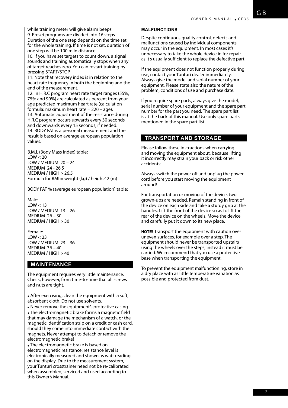 Tunturi CF35 User Manual | Page 7 / 60