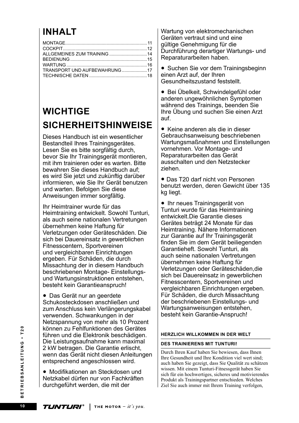 Wichtige sicherheitshinweise, Inhalt | Tunturi T20 User Manual | Page 10 / 76