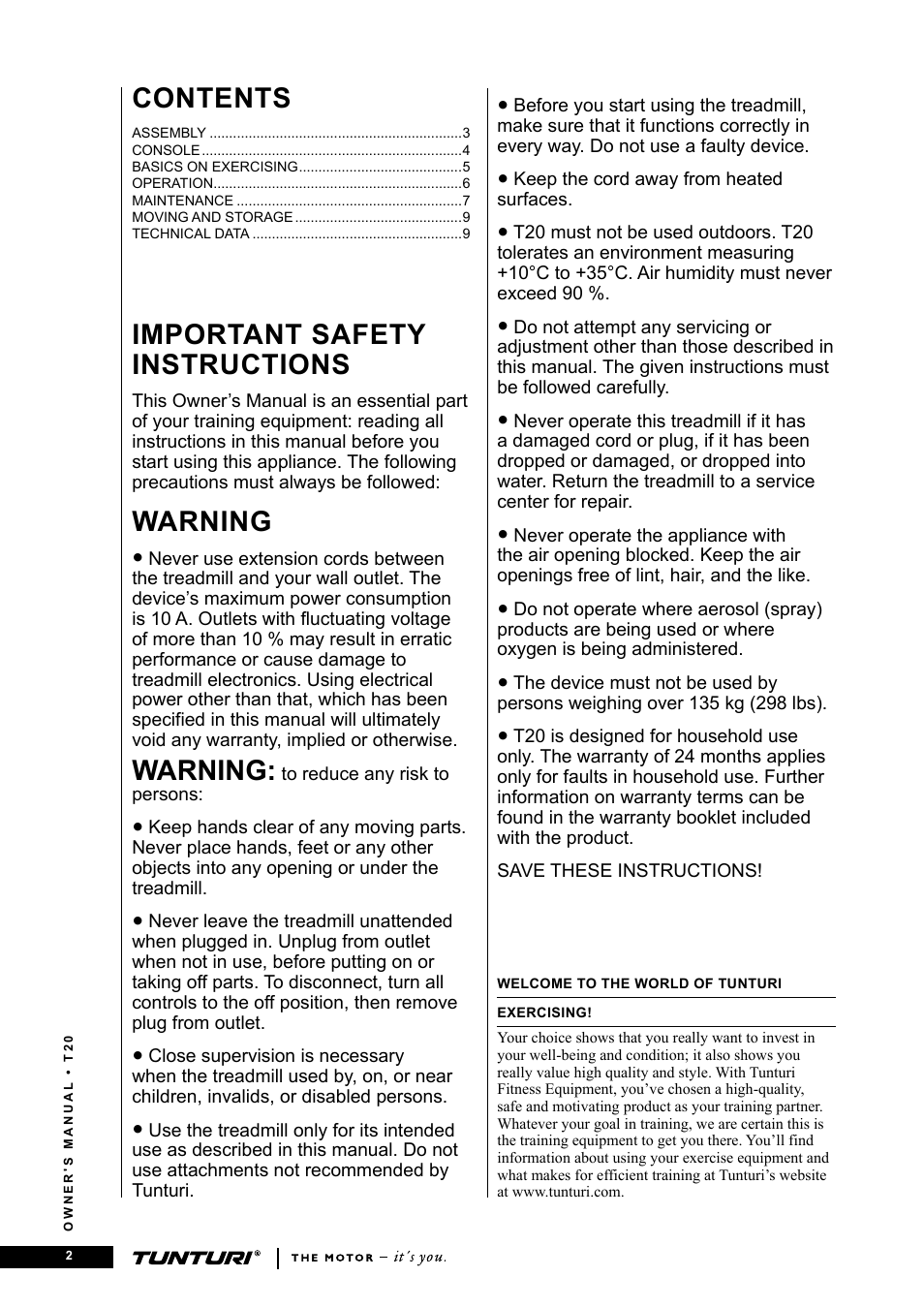 Tunturi T20 User Manual | Page 2 / 76