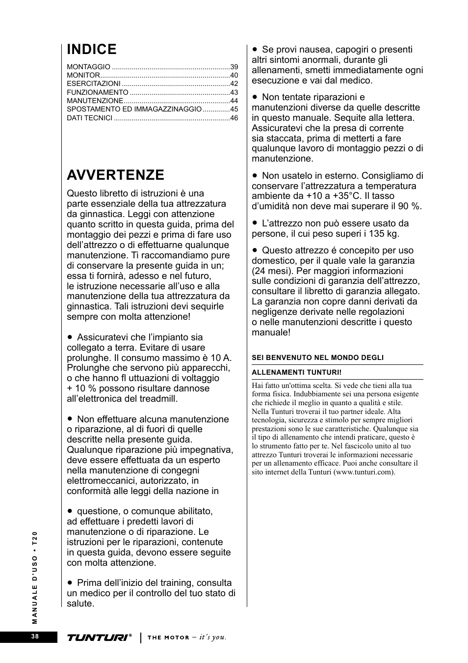 Avvertenze, Indice | Tunturi T20 User Manual | Page 38 / 76