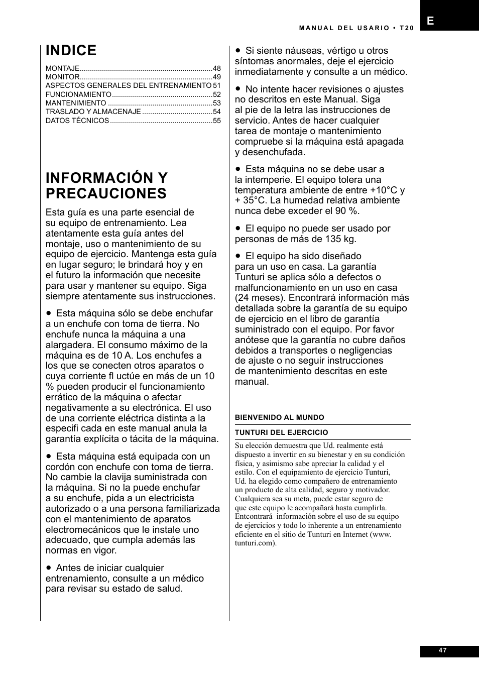 Información y precauciones, Indice | Tunturi T20 User Manual | Page 47 / 76