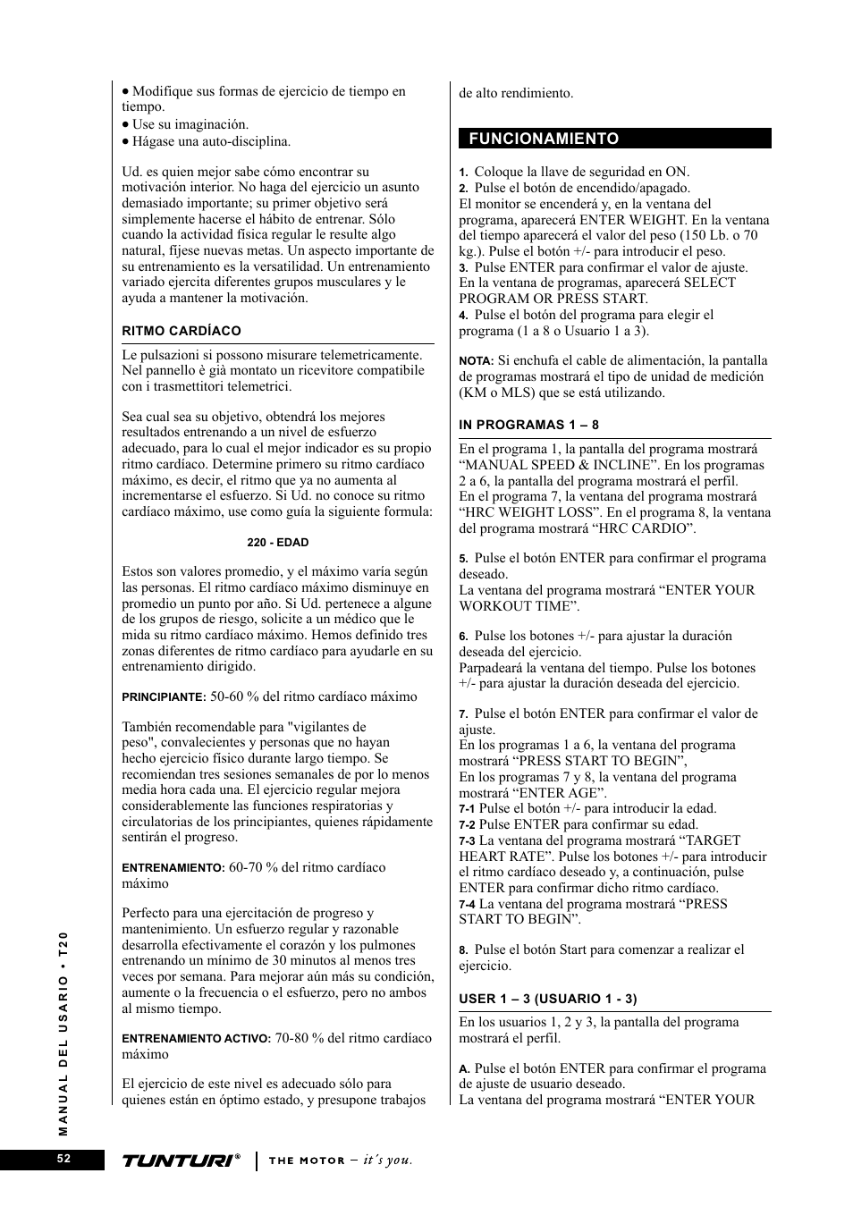 Tunturi T20 User Manual | Page 52 / 76