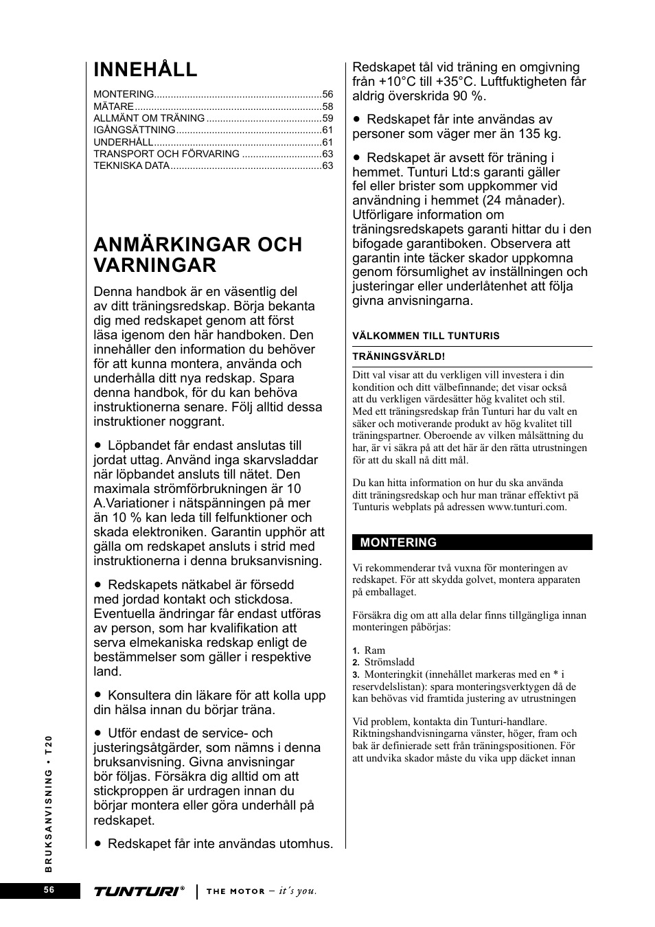 Anmärkingar och varningar, Innehåll | Tunturi T20 User Manual | Page 56 / 76