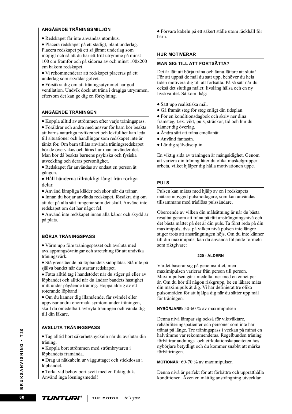 Tunturi T20 User Manual | Page 60 / 76