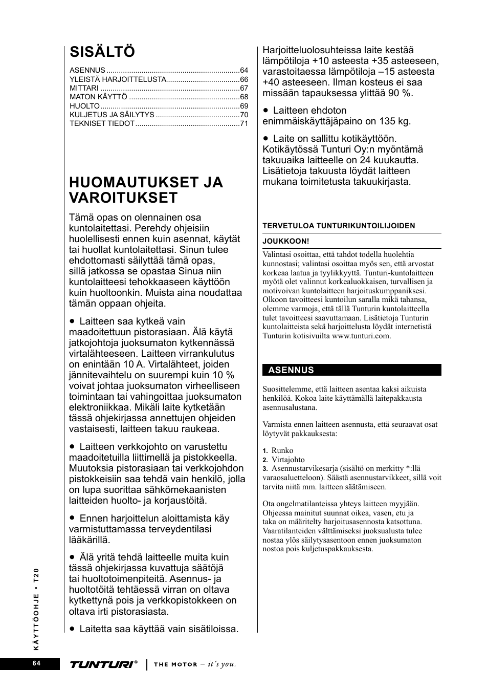 Huomautukset ja varoitukset, Sisältö | Tunturi T20 User Manual | Page 64 / 76