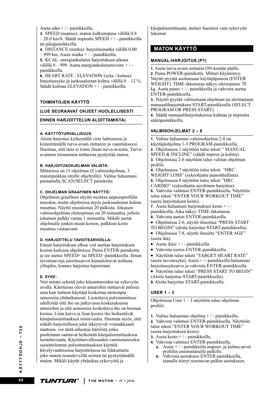 Tunturi T20 User Manual | Page 68 / 76