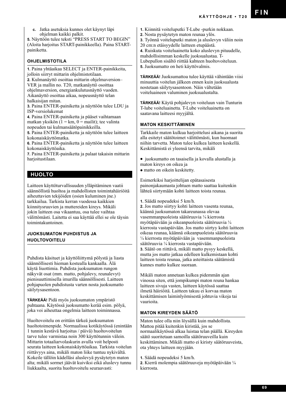 F i n | Tunturi T20 User Manual | Page 69 / 76