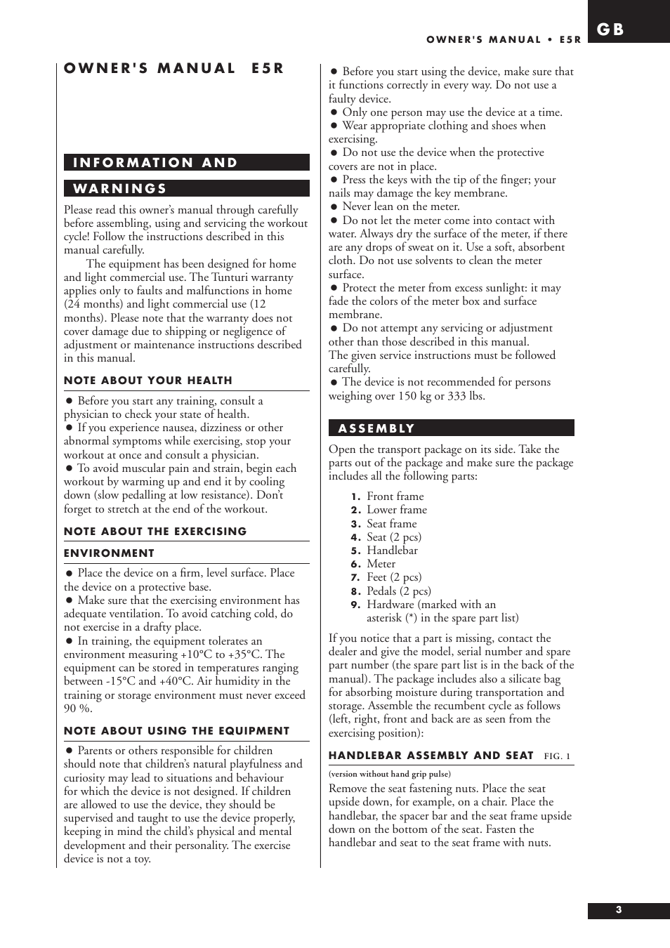 Tunturi E5R User Manual | Page 3 / 13