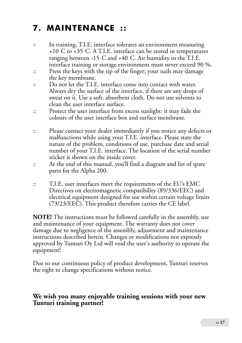 Maintenance | Tunturi ALPHA 200 User Manual | Page 17 / 17