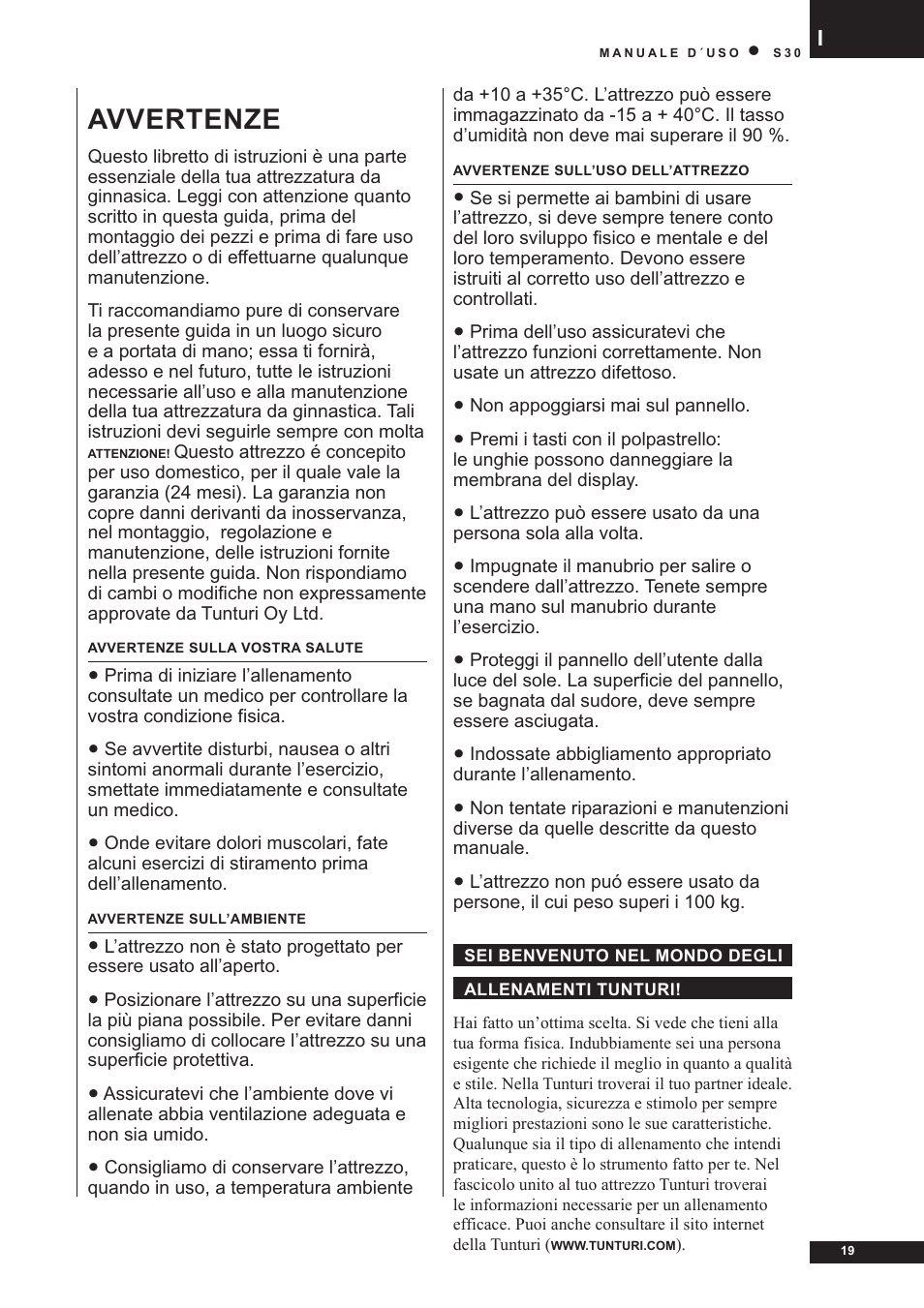 Avvertenze | Tunturi S30 User Manual | Page 19 / 38