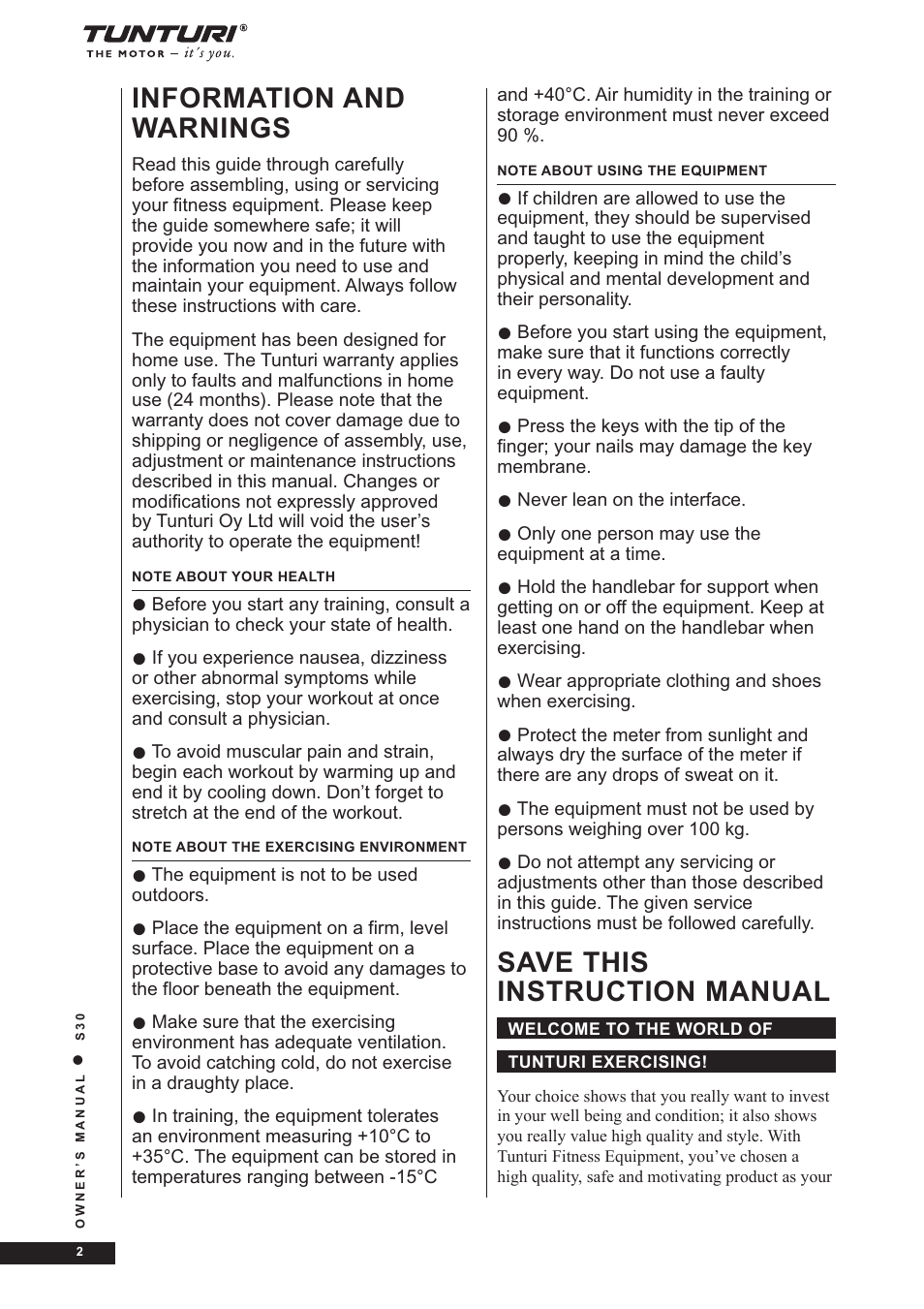 Information and warnings, Save this instruction manual | Tunturi S30 User Manual | Page 2 / 38