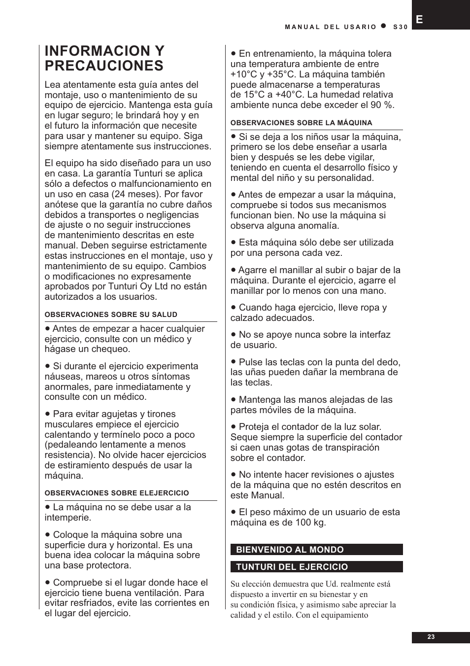 Informacion y precauciones | Tunturi S30 User Manual | Page 23 / 38