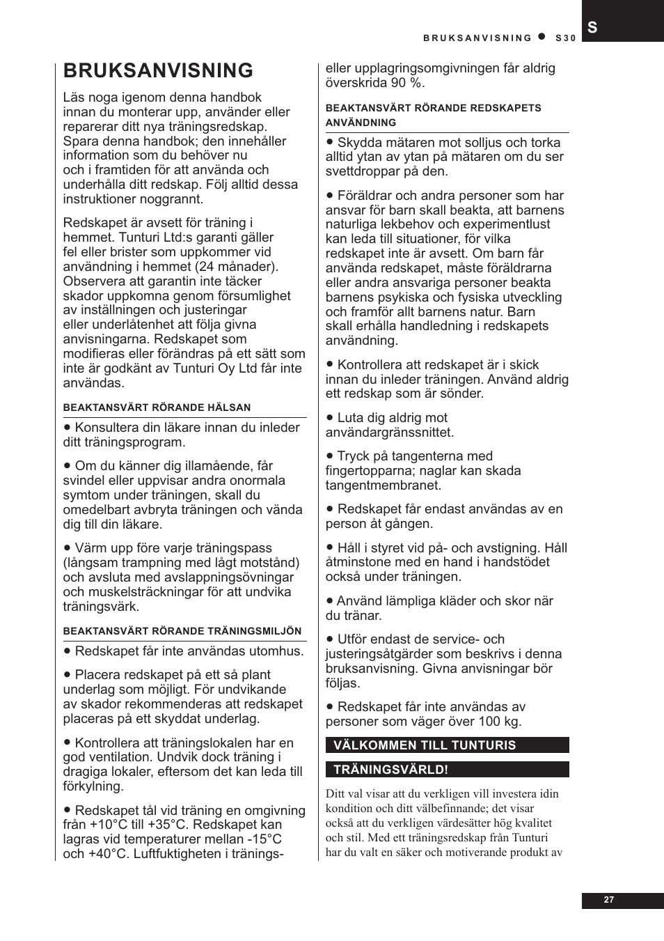 Bruksanvisning | Tunturi S30 User Manual | Page 27 / 38