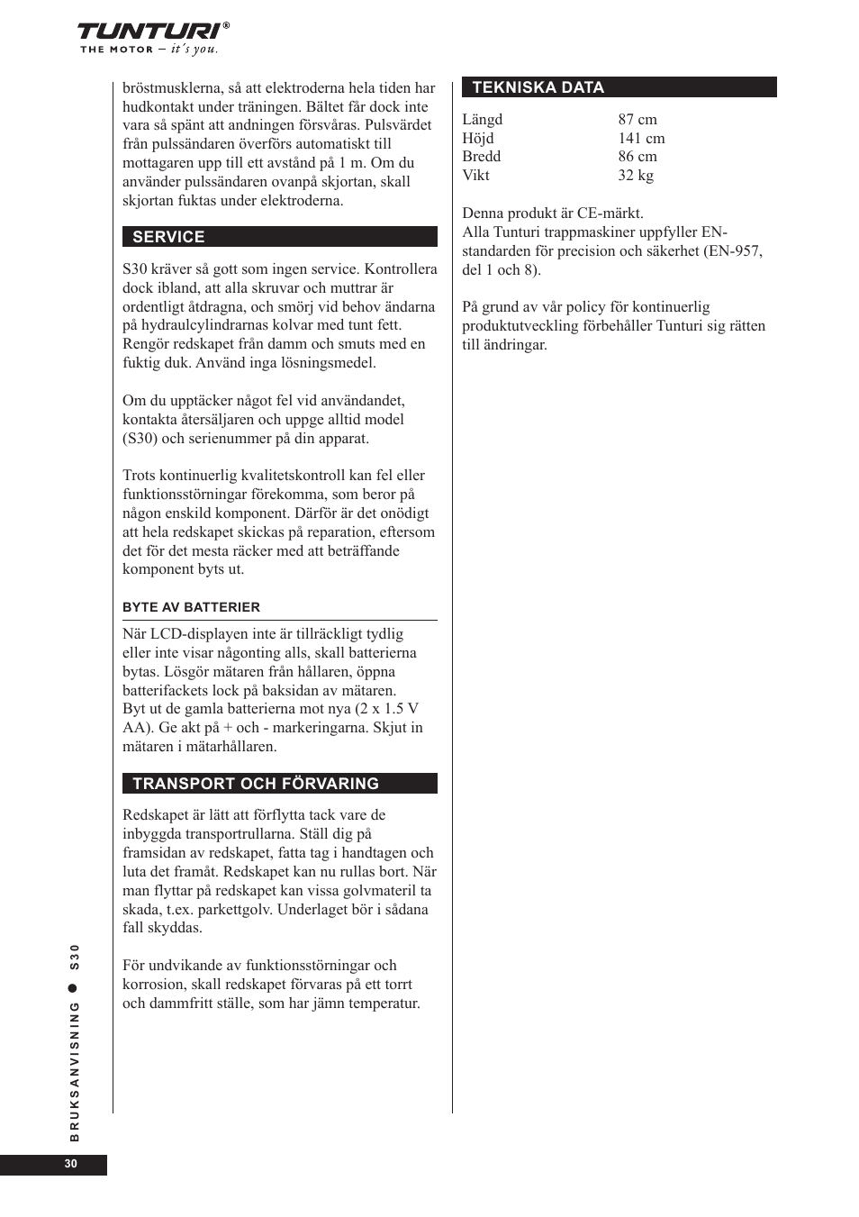 Tunturi S30 User Manual | Page 30 / 38