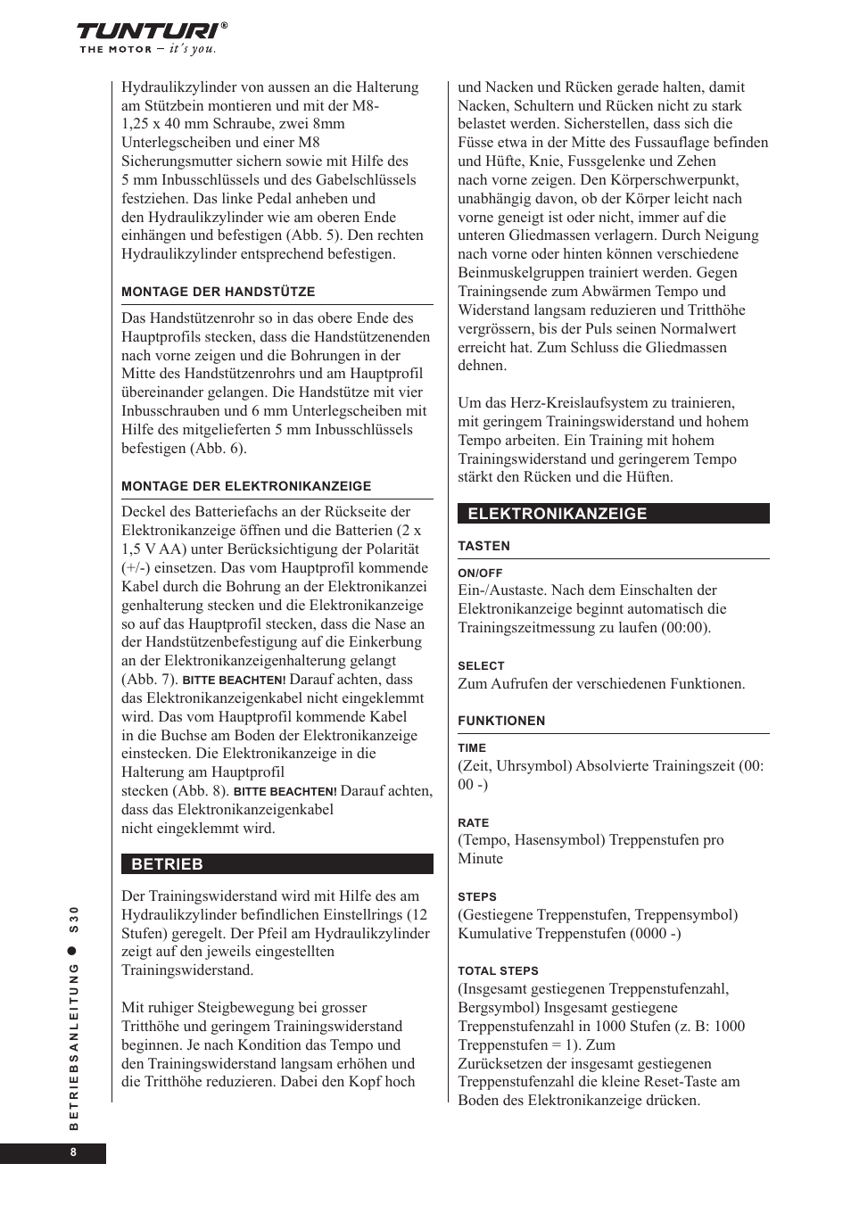 Tunturi S30 User Manual | Page 8 / 38