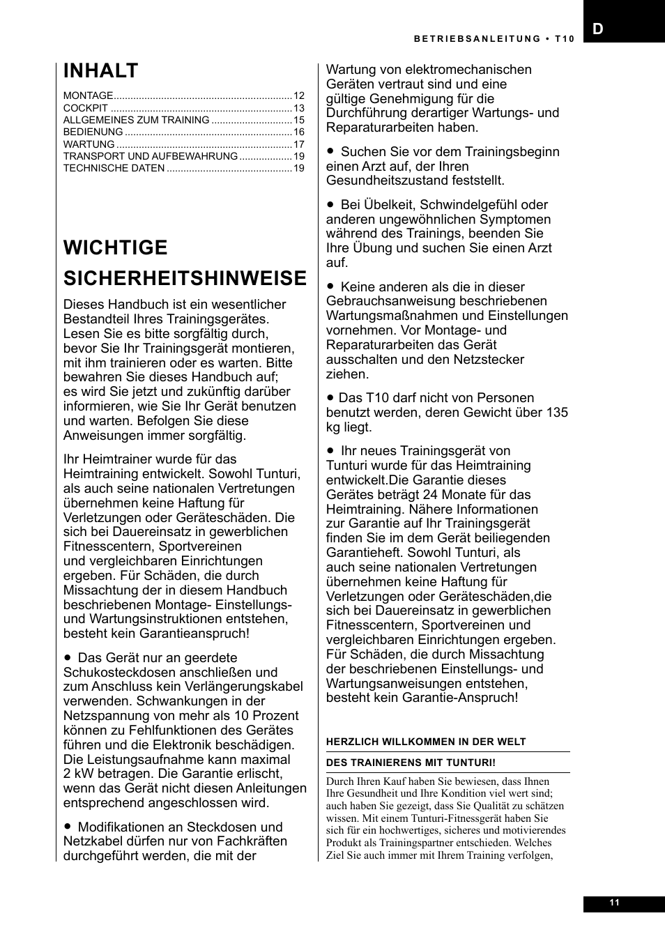 Wichtige sicherheitshinweise, Inhalt | Tunturi Competence T10 User Manual | Page 11 / 84