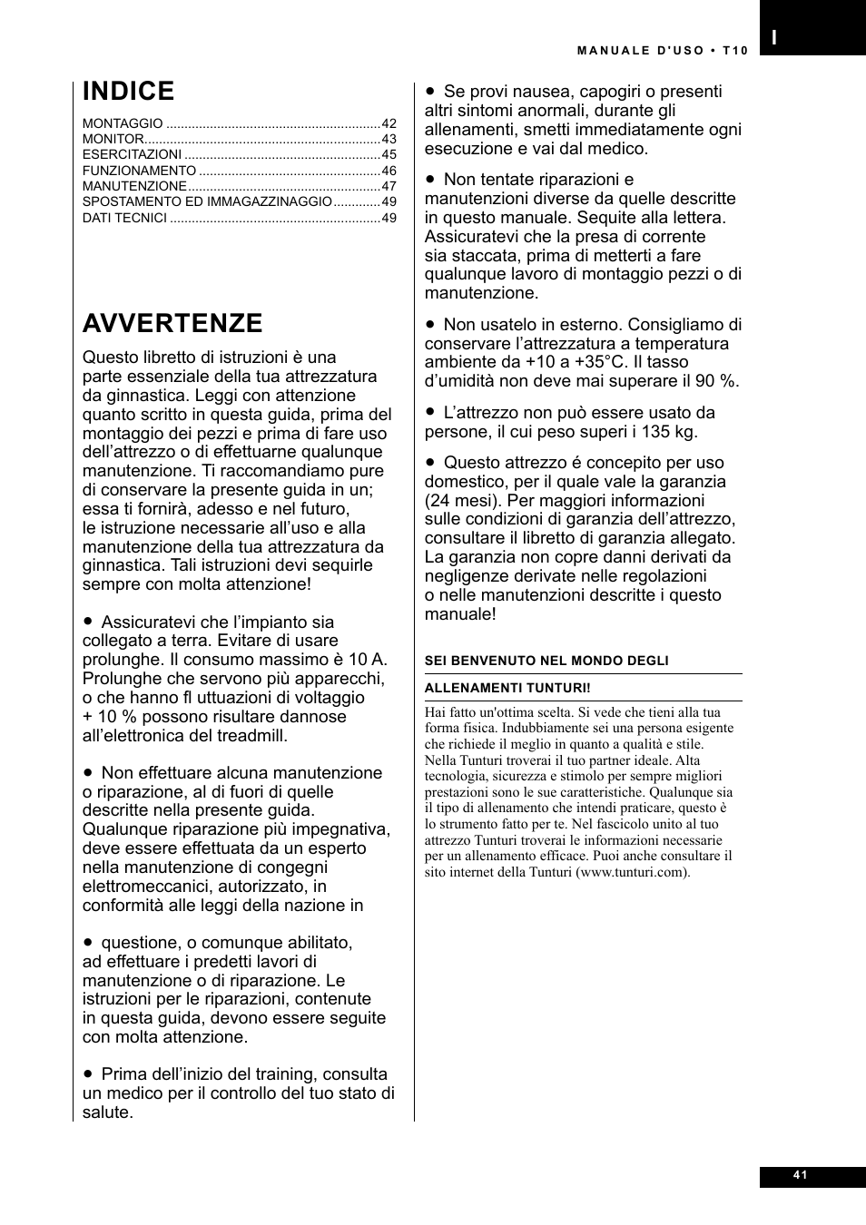 Avvertenze, Indice | Tunturi Competence T10 User Manual | Page 41 / 84