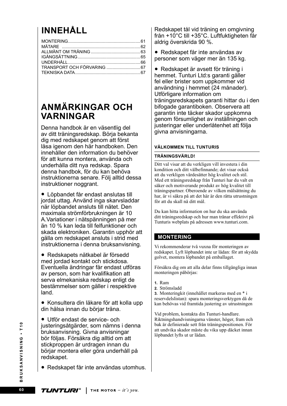 Anmärkingar och varningar, Innehåll | Tunturi Competence T10 User Manual | Page 60 / 84