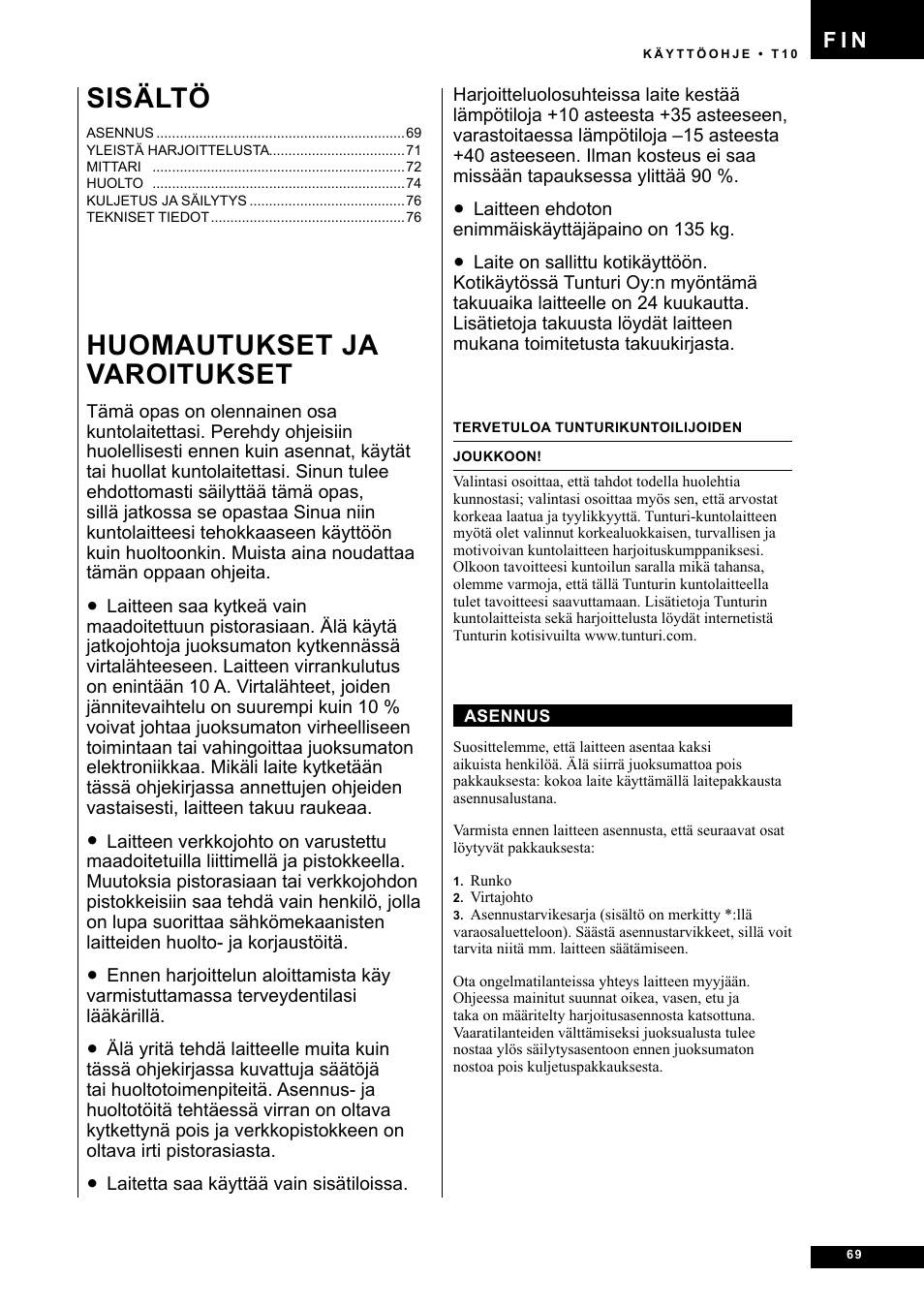 Huomautukset ja varoitukset, Sisältö | Tunturi Competence T10 User Manual | Page 69 / 84