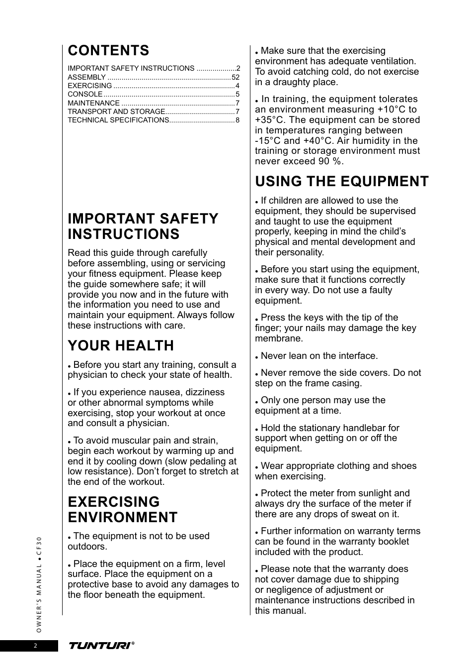 Tunturi CF30 User Manual | Page 2 / 60