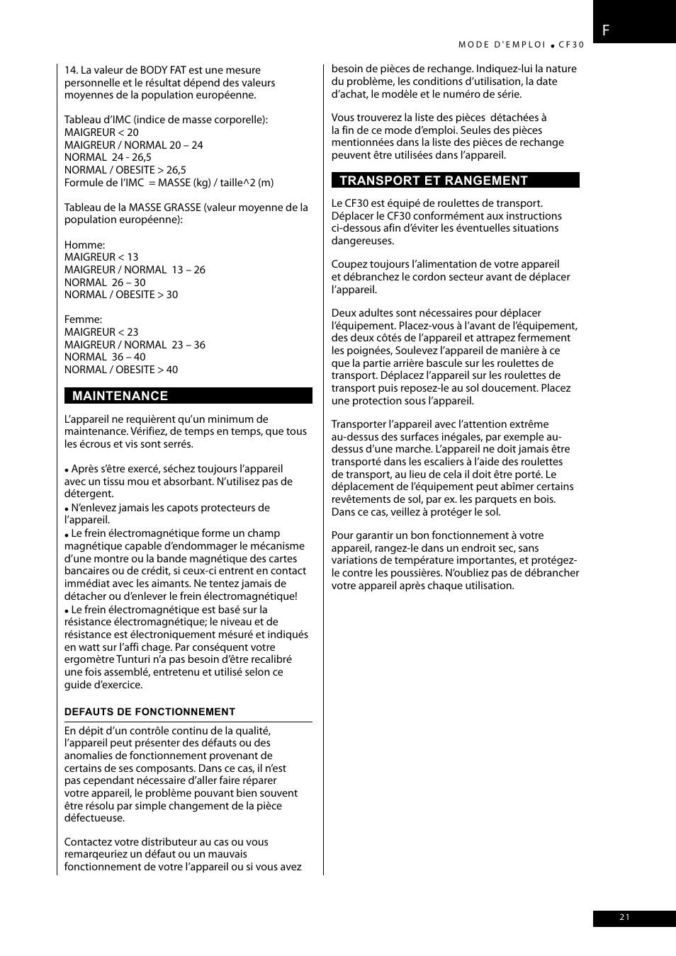 Tunturi CF30 User Manual | Page 21 / 60