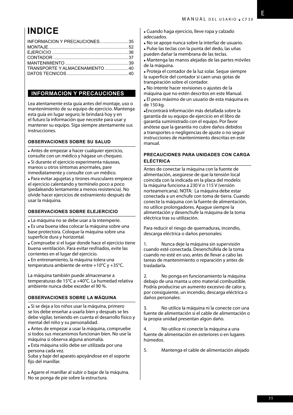 Indice | Tunturi CF30 User Manual | Page 35 / 60