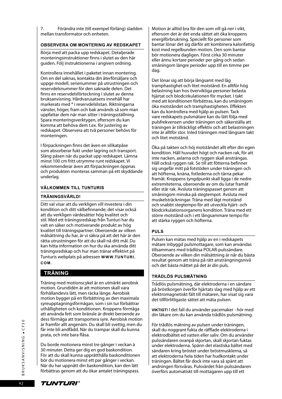 Tunturi CF30 User Manual | Page 42 / 60