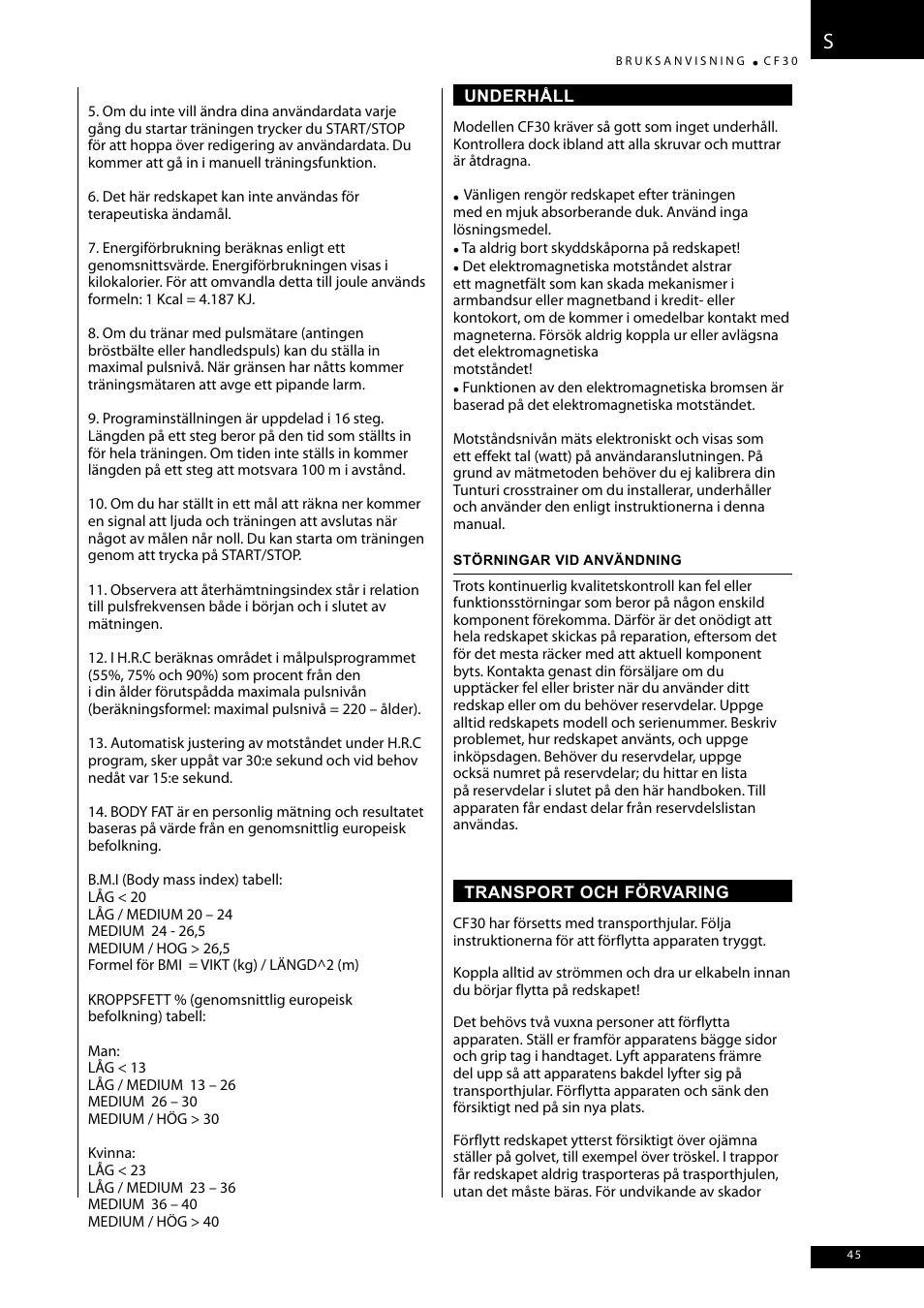 Tunturi CF30 User Manual | Page 45 / 60