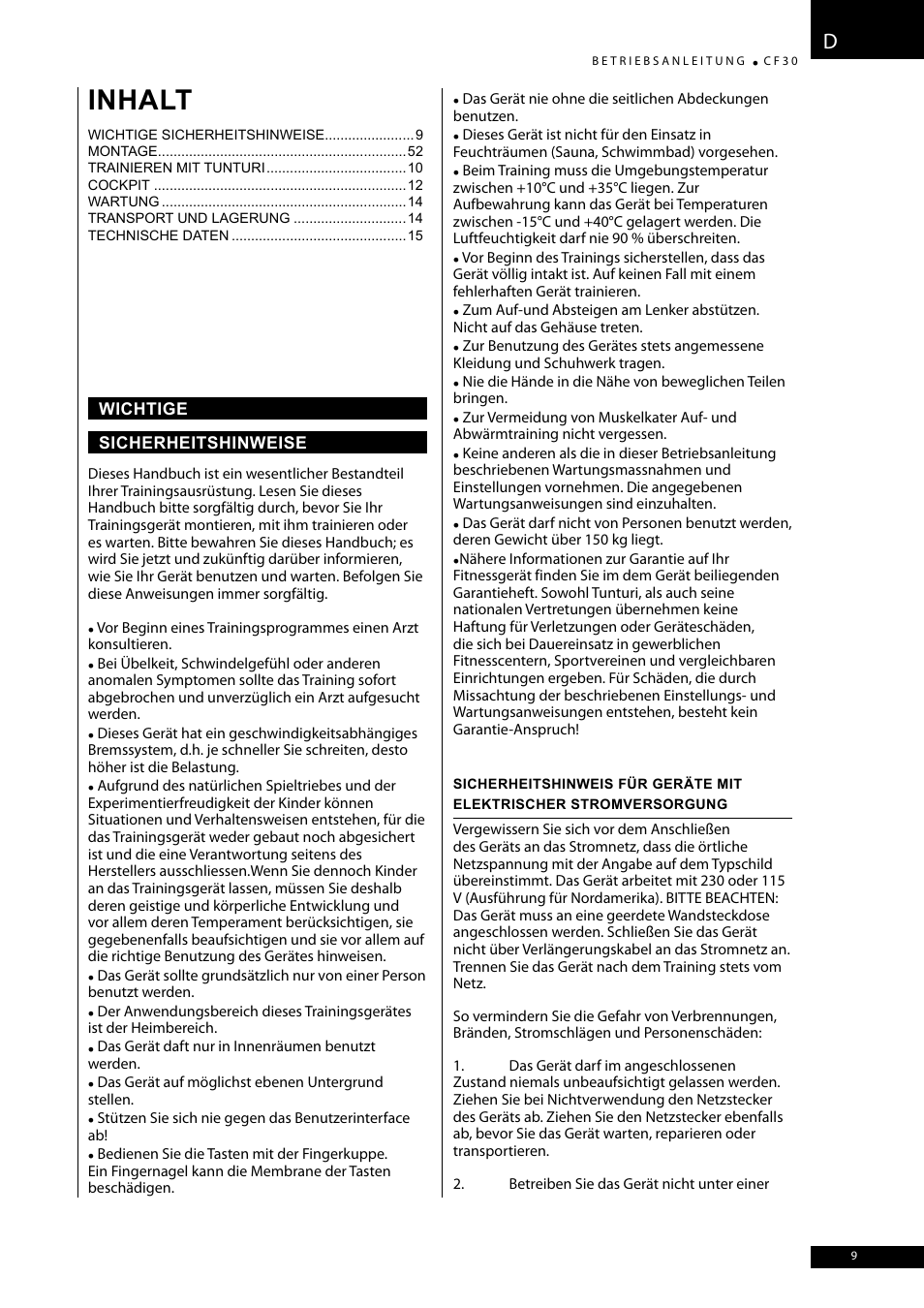Inhalt | Tunturi CF30 User Manual | Page 9 / 60
