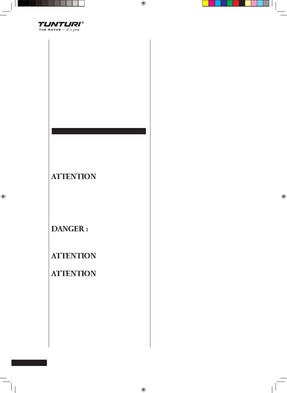 Attention, Danger, Table des matieres | Tunturi T60F User Manual | Page 26 / 102