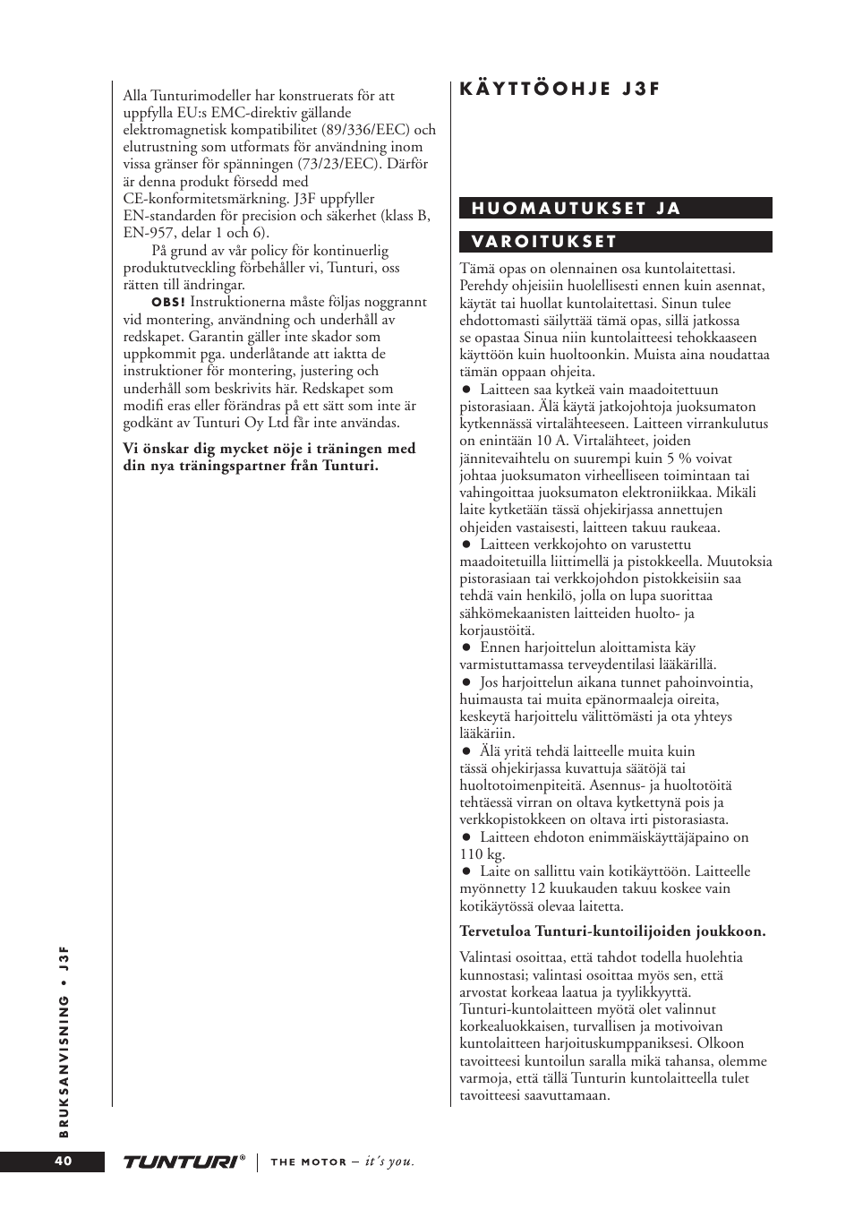 Tunturi J3F User Manual | Page 40 / 48