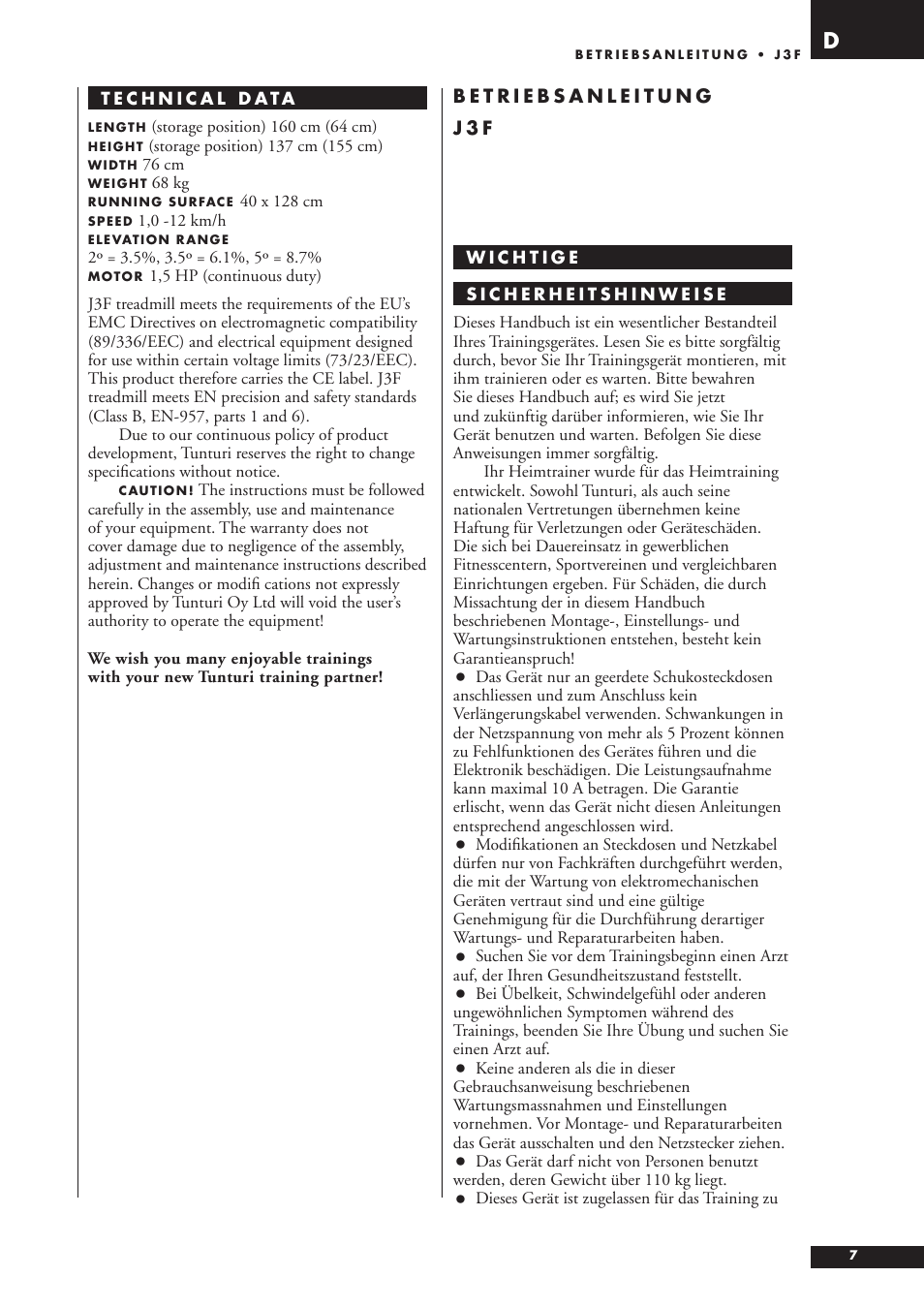 Tunturi J3F User Manual | Page 7 / 48