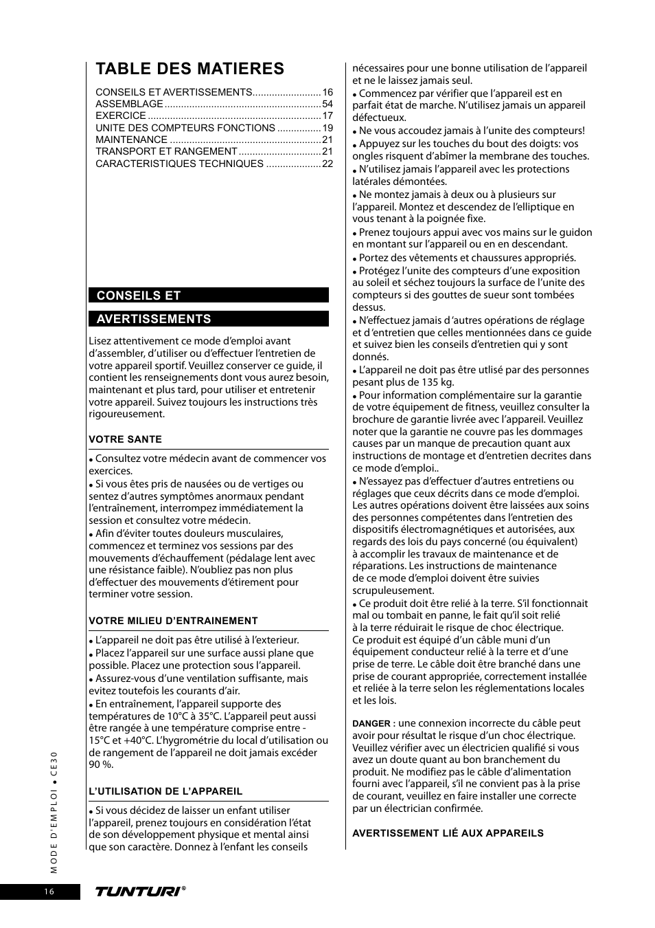 Table des matieres | Tunturi CE30 User Manual | Page 16 / 60